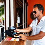 **Prompt:** A well-dressed tourist is confidently paying with a credit card at a chic, modern restaurant in Tulum, Riviera Maya. The scene is bright and sophisticated, featuring a sleek POS machine and other international travelers, emphasizing the seamless use of plastic in upscale tourist areas.