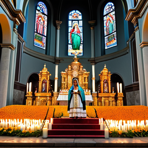 Home 12 A diverse group of Mexican individuals, including families and adults, showcasing deep devotion. They are fully clothed in modest, traditional Mexican attire and appropriate contemporary dress. The setting is inside a majestic, ornate Baroque Catholic cathedral in Mexico, with natural light filtering through stained-glass windows, or a vibrant town square adorned for a solemn religious festival. The central focus is a venerated image or statue of the Virgin of Guadalupe, surrounded by an abundance of lit candles and colorful marigold flowers. People are depicted in a natural pose, standing or kneeling respectfully, with expressions of profound faith and reverence. Professional photography, high resolution, perfect anatomy, correct proportions, well-formed hands, proper finger count, natural body proportions, safe for work, appropriate content, fully clothed, modest, family-friendly.