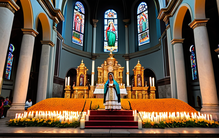 A diverse group of Mexican individuals, including families and adults, showcasing deep devotion. They are fully clothed in modest, traditional Mexican attire and appropriate contemporary dress. The setting is inside a majestic, ornate Baroque Catholic cathedral in Mexico, with natural light filtering through stained-glass windows, or a vibrant town square adorned for a solemn religious festival. The central focus is a venerated image or statue of the Virgin of Guadalupe, surrounded by an abundance of lit candles and colorful marigold flowers. People are depicted in a natural pose, standing or kneeling respectfully, with expressions of profound faith and reverence. Professional photography, high resolution, perfect anatomy, correct proportions, well-formed hands, proper finger count, natural body proportions, safe for work, appropriate content, fully clothed, modest, family-friendly.