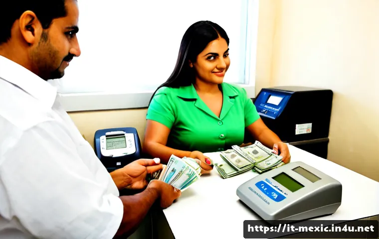 Home 10 멕시코에서 전기 및 수도 요금 납부 방법 - Photorealistic scene in a bright Mexican utility payment office, an Italian traveler at a clean serv...