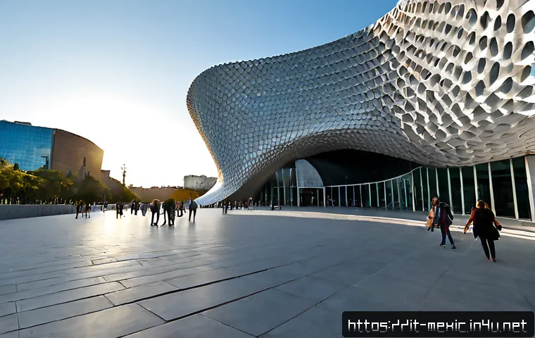 멕시코의 유명 박물관  소우마야 박물관 국립 인류학 박물관 - Photorealistic wide-angle exterior of the Soumaya Museum in Mexico City, its dramatic curving silver...