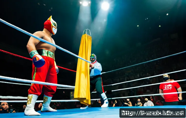 멕시코 전통 무술  루차 리브레 - Photorealistic Mexican lucha libre match in a vibrant indoor arena, two fully clothed masked wrestle...